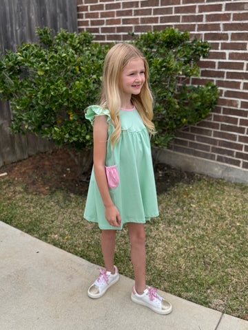 Mint Pearl Dress with Pink Pockets